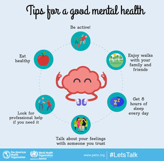 Tips for good mental health image: Be Active, Enjoy walk with your family & friends, get 8 hours of sleep every day, eat healthy, look for professional help if you need it, talk about your feelings with someone you trust #letstalk
