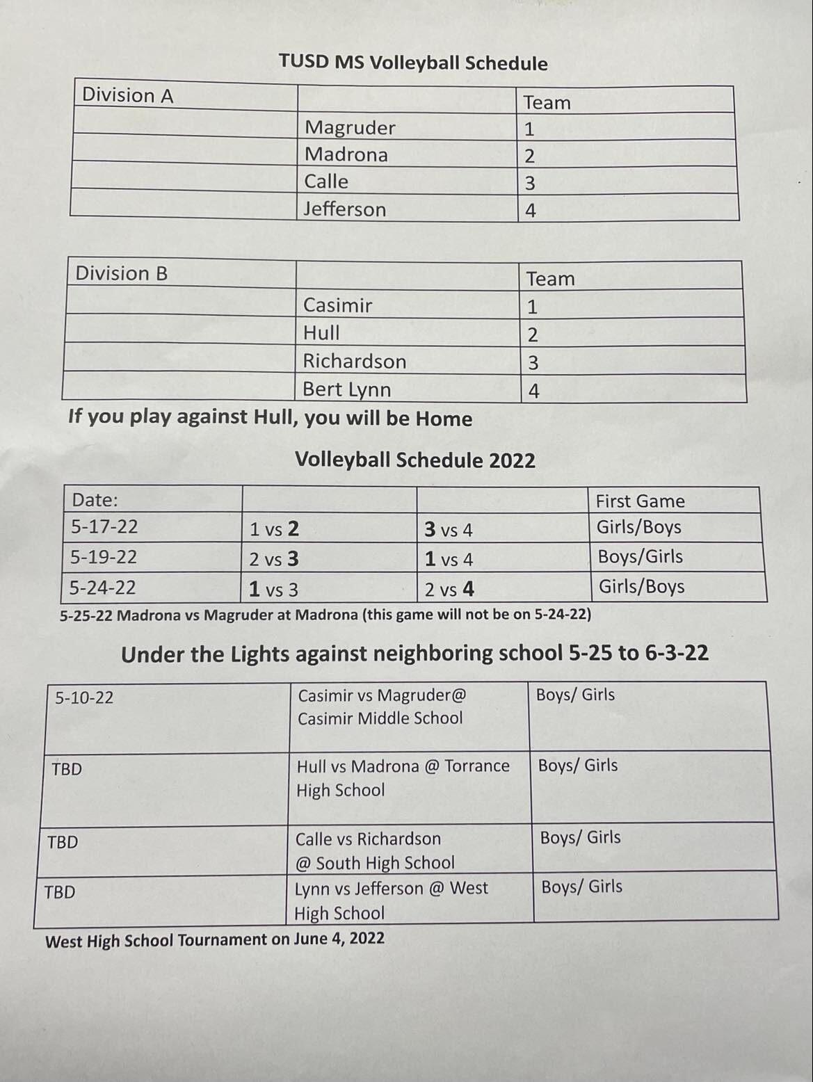 TUSD Middle School Volleyball Schedule