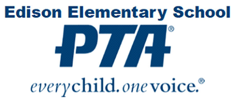 PTA Logo - Dark blue lettering on white background. Text reads: Edison Elementary School PTA. Every child. one voice.