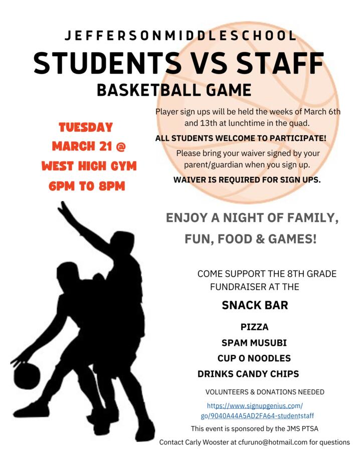Students and Staff Basketball Game flyer
