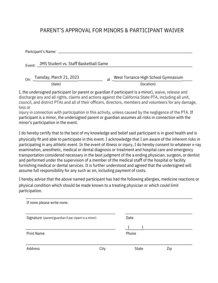 Parents Approval for Minors and Participant Waiver form