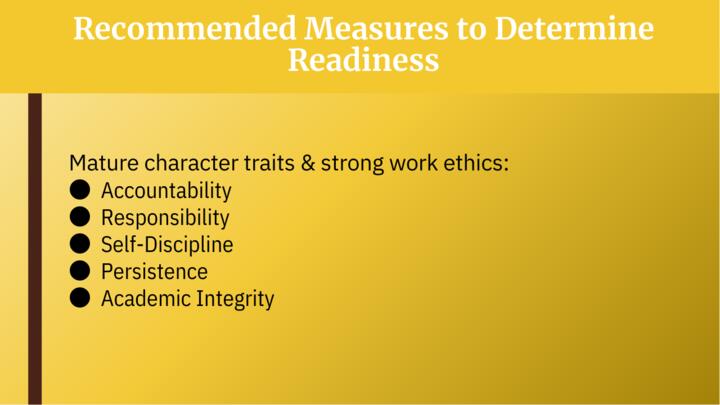 Recommended Measures to determine readiness 2