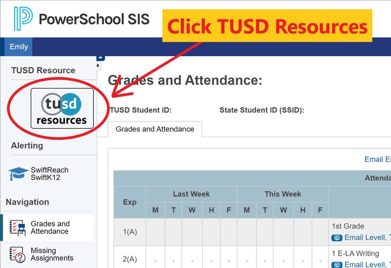 Powerschool with TUSD Resources circled