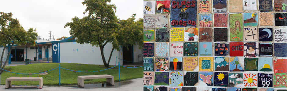 Front view of North High School on the left and a collage of students Artwork on right