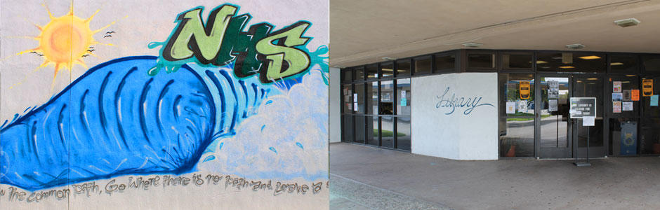 North High School graffiti art on left and a view of the Library entrance on the right