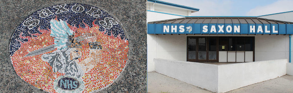Saxons  NHS Mosaic Tile Art on the left and view of NHS Saxon Hall on right