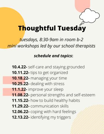 Thoughtful Tuesday Schedule of Events
