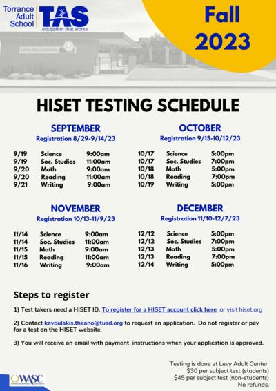 HISET Spring Testing Schedule