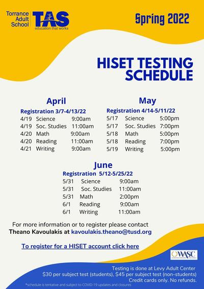Hiset Testing Schedule flyer