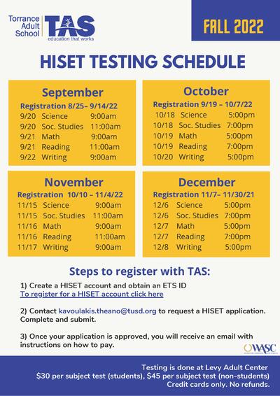 HiSET Testing Schedule for Fall of 2022
